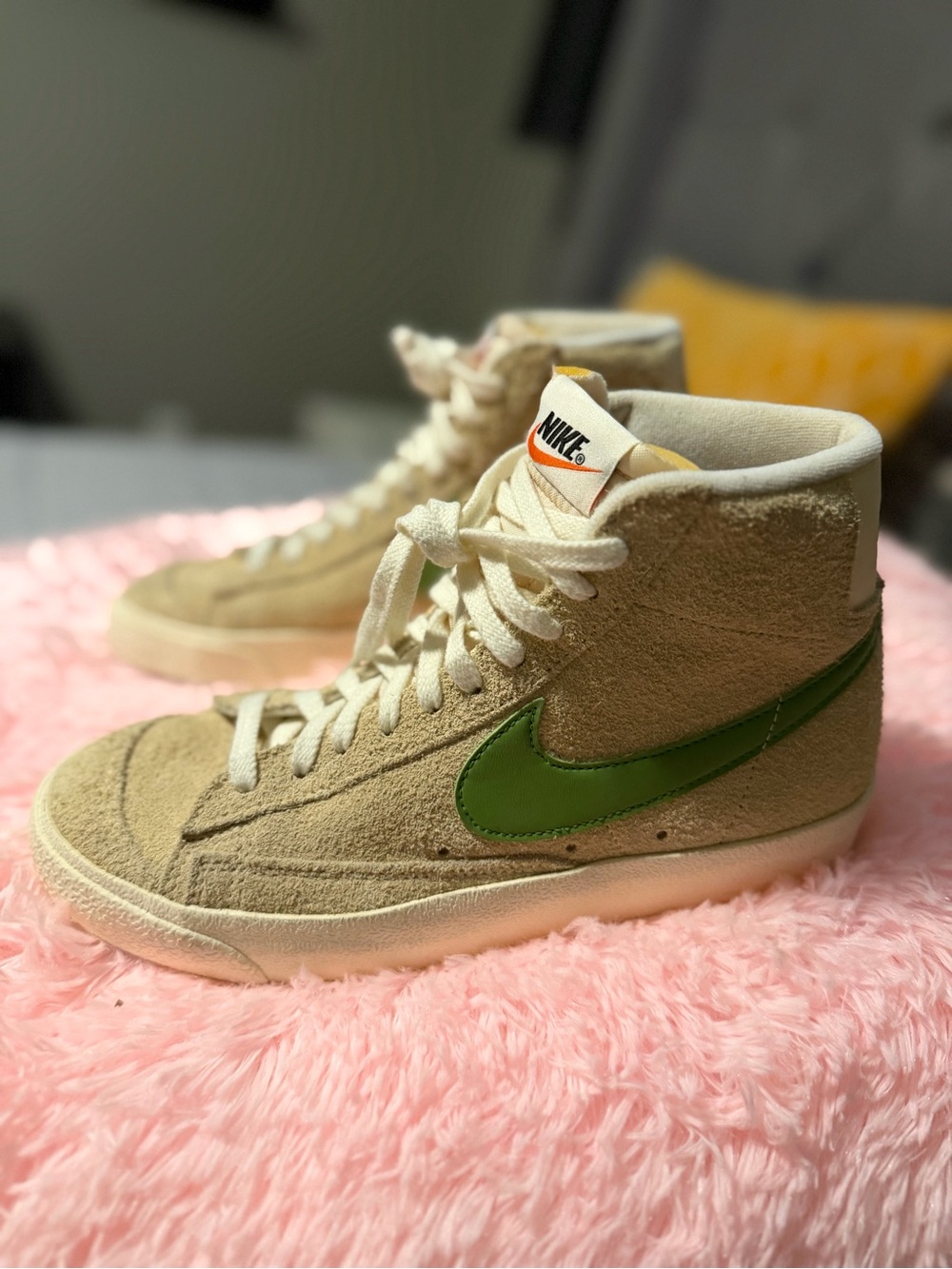 Nike unisex Blazer Mid Suede Sneakers in Beige with Green Swoosh